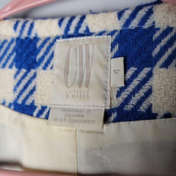 Vintage Clifford‎ & Wills Blue Check Blazer Wool Blend Gold Buttons Size 4 Retro - Picture 5 of 11